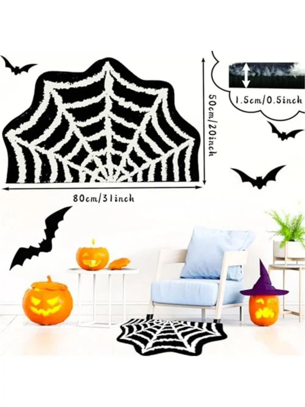 Spider Web Bath Mat Rug,31x20 Inch Halloween Bathing Mat Non-Slip
